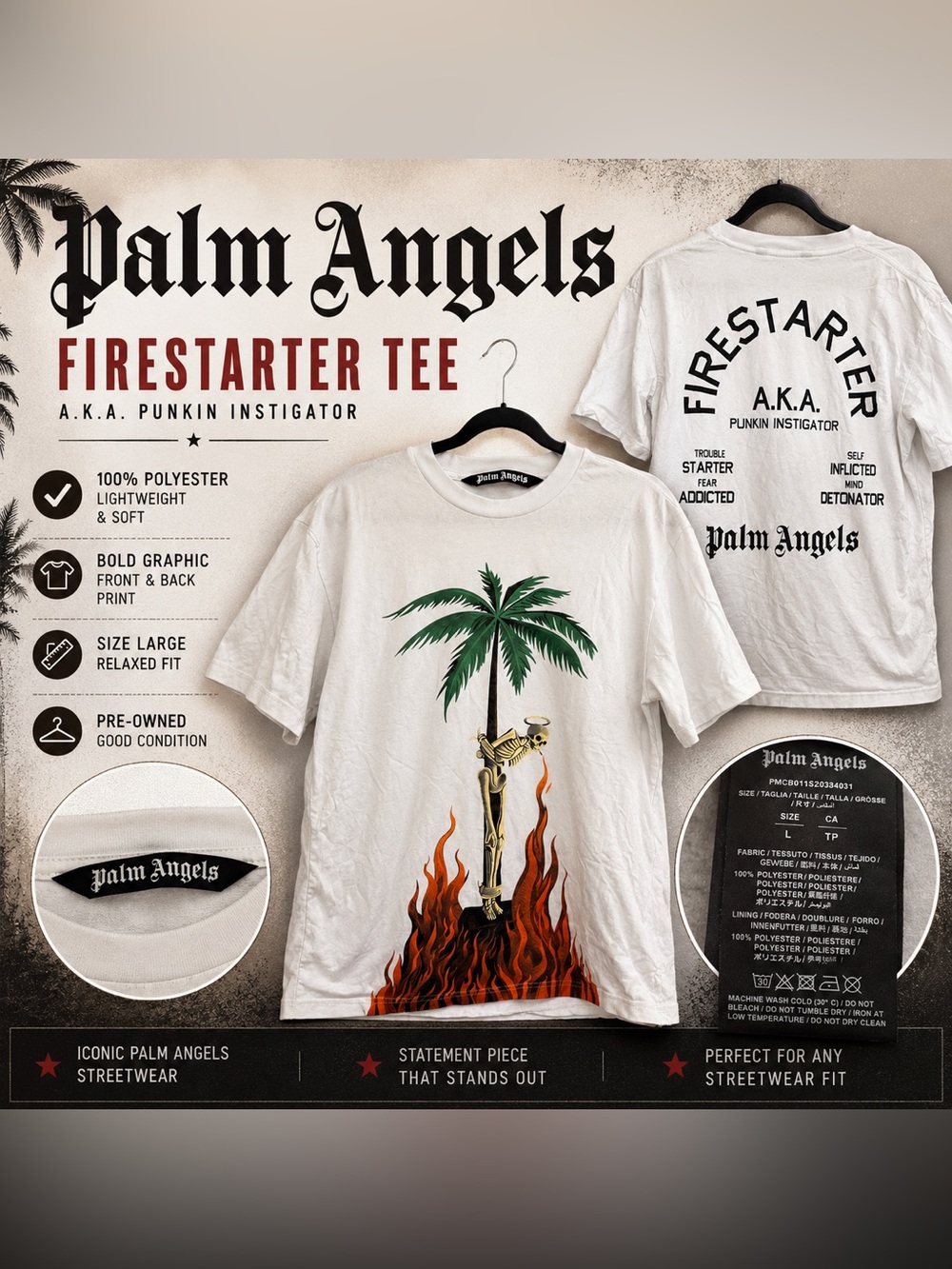 Palm Angels White Graphic 'Firestarter' Backprint Tee